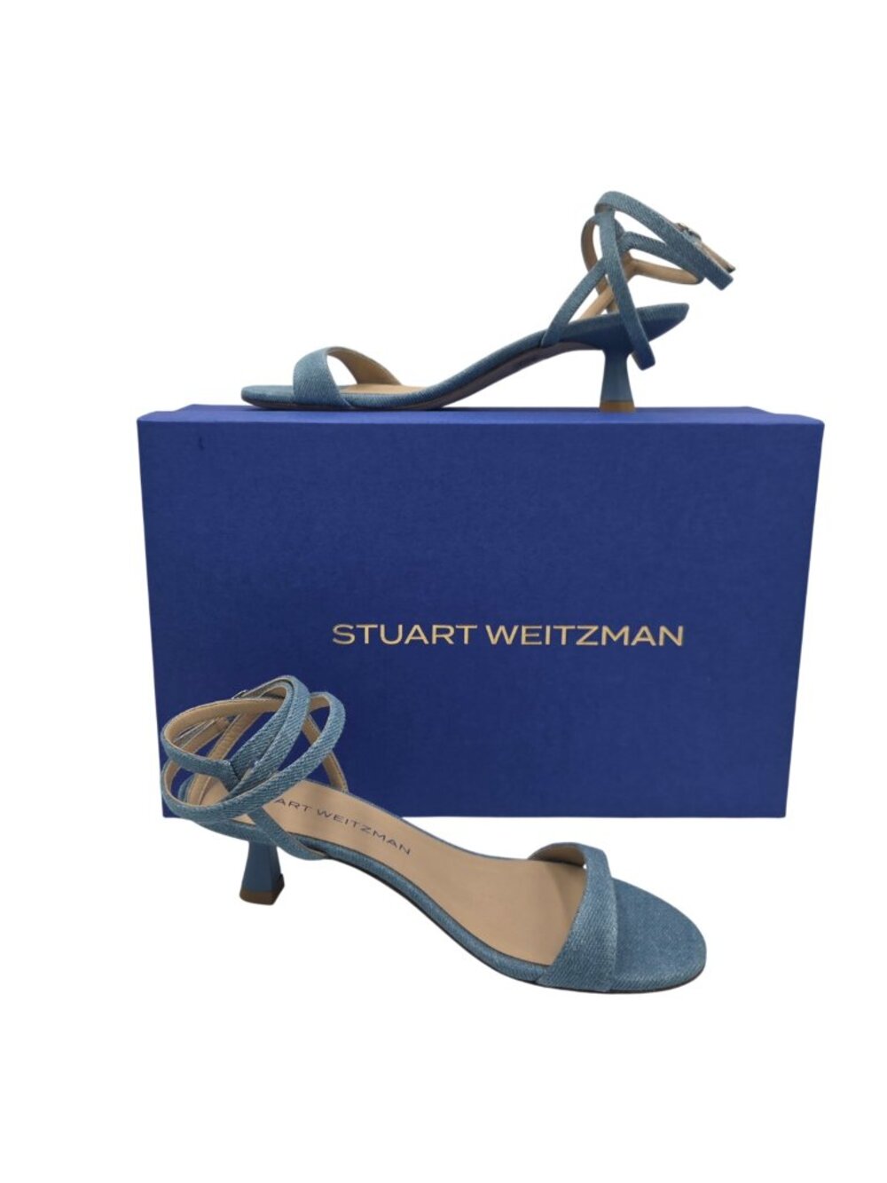 Stuart Weitzman Nudist Wrap 50 Size 6.5 Blue Denim + Leather NIB